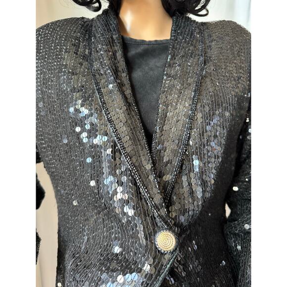 American Vtg Black Silk Sequined Formal Occasion one button Blazer coat medium - Picture 3 of 17